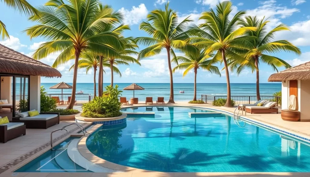 Image of a beachfront hotel in El Tunco with a pool and comfortable rooms