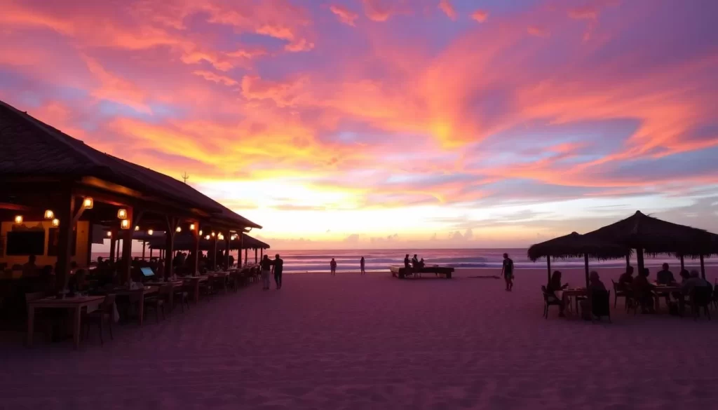 Image of a beachfront restaurant in El Tunco with a beautiful sunset view