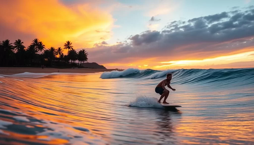 Image of a beginner surfer catching a wave at Playa Hermosa