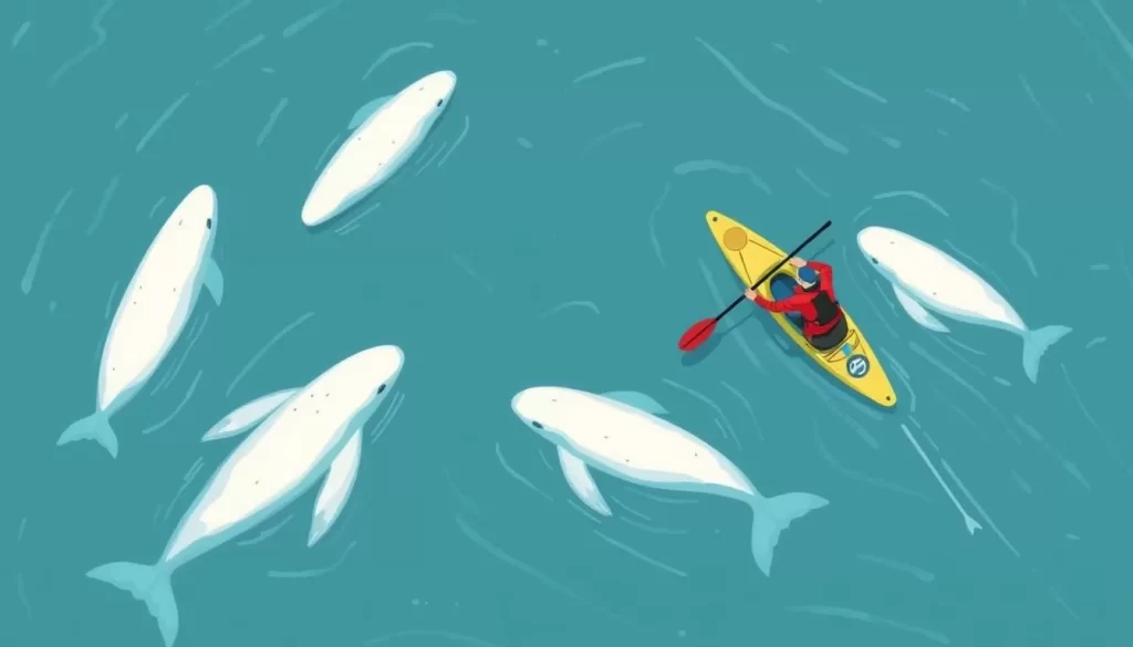 Image of a beluga whale watching tour in Hudson Bay, with kayakers surrounded by belugas.