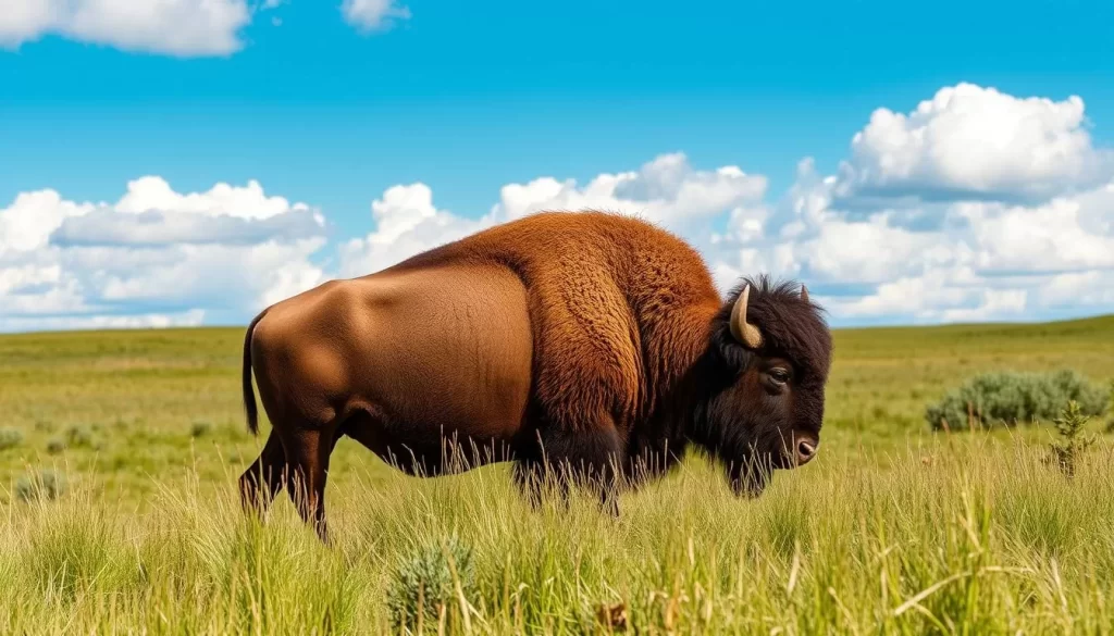 Image of a bison grazing in a grassland with a clear blue sky in the background.