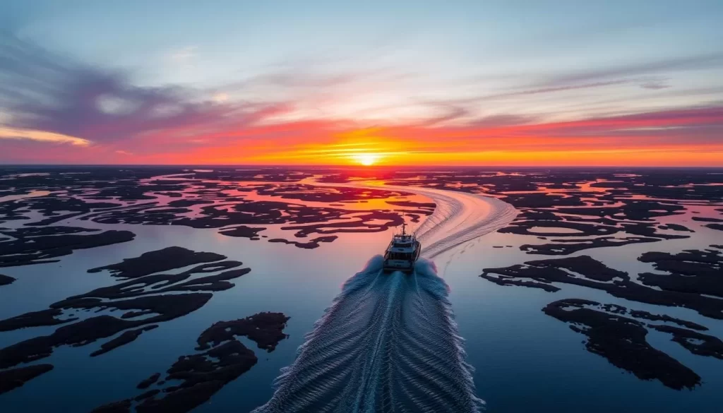 Image of a boat navigating through the maze of creeks and channels in the Mackenzie Delta