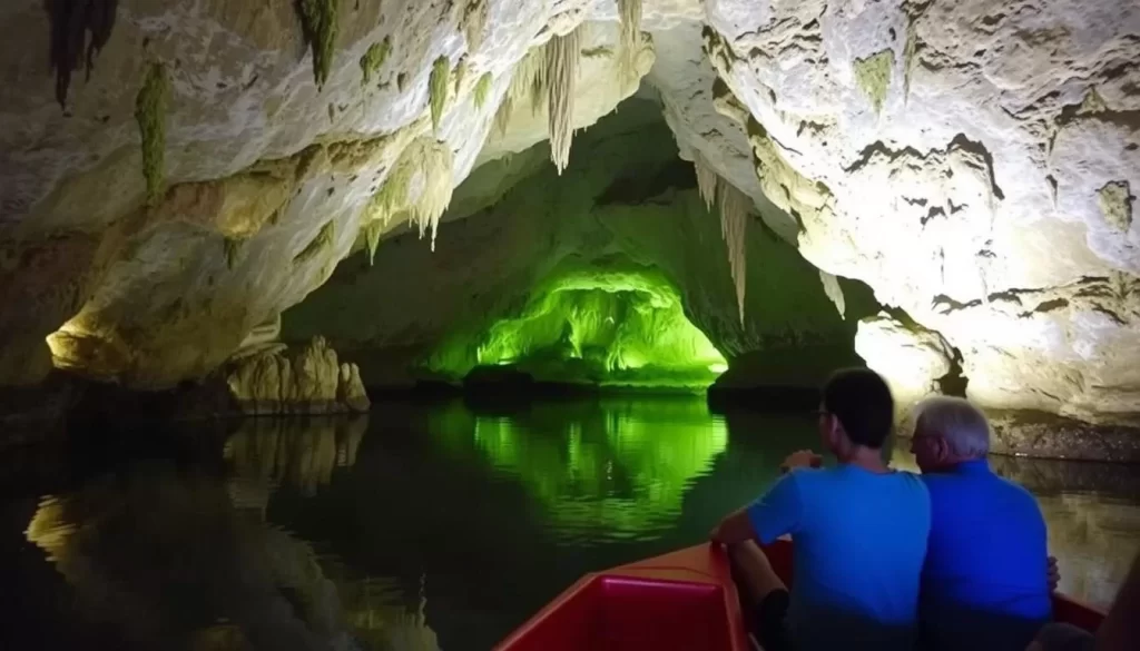 Image of a boat tour navigating through the underground river of Lost River Cave