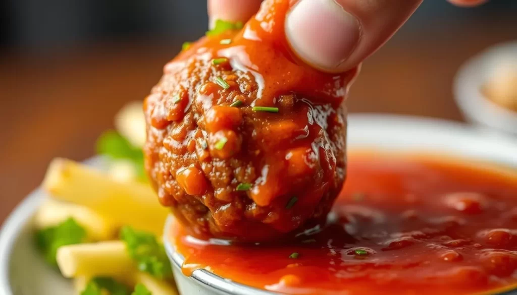 Image of a boudin ball being dipped in a spicy sauce