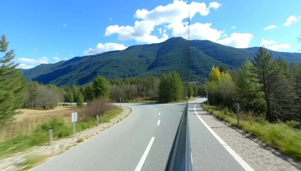 Image of a bus or car driving towards Fruška Gora National Park from Novi Sad
