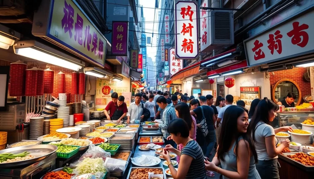 Image of a bustling Asian street food market in NYC