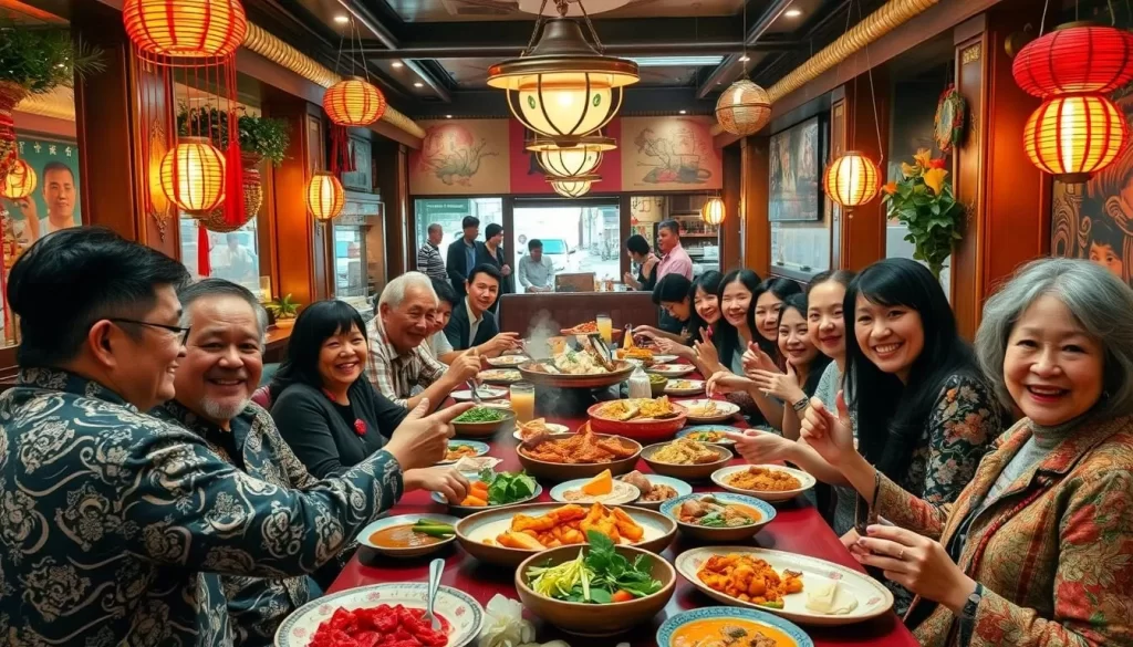 Image of a bustling Vietnamese restaurant in NYC with a large group enjoying a family-style meal