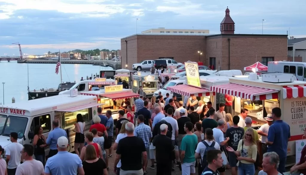 Image of a bustling food truck scene at Long Wharf in New Haven