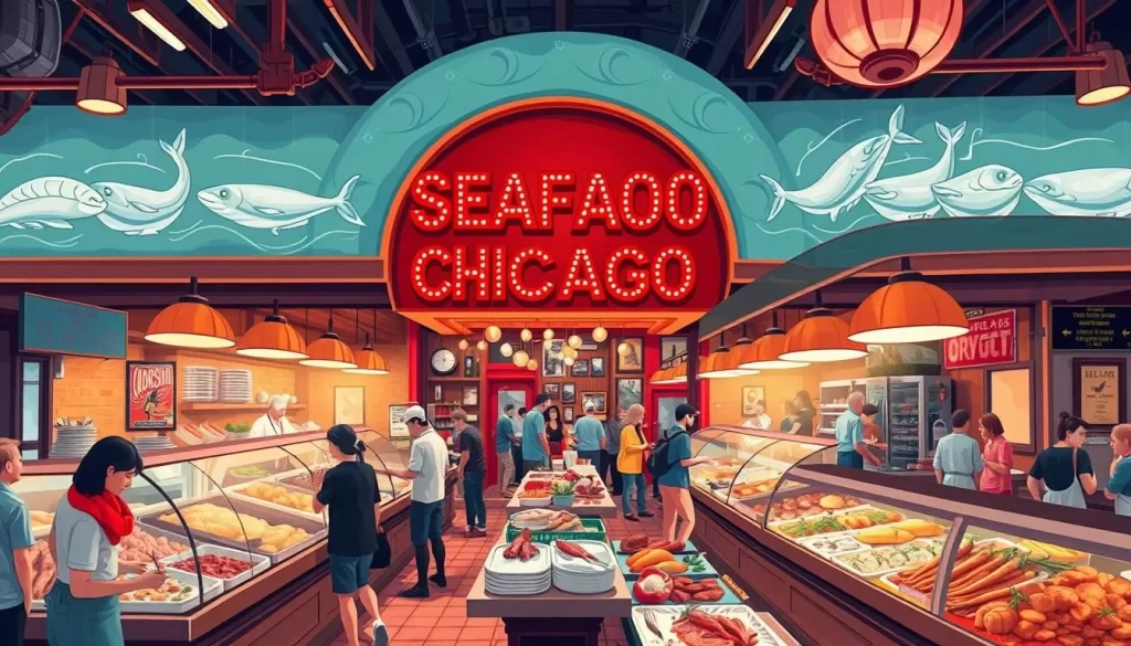 Image of a bustling seafood market or a renowned seafood restaurant in Chicago