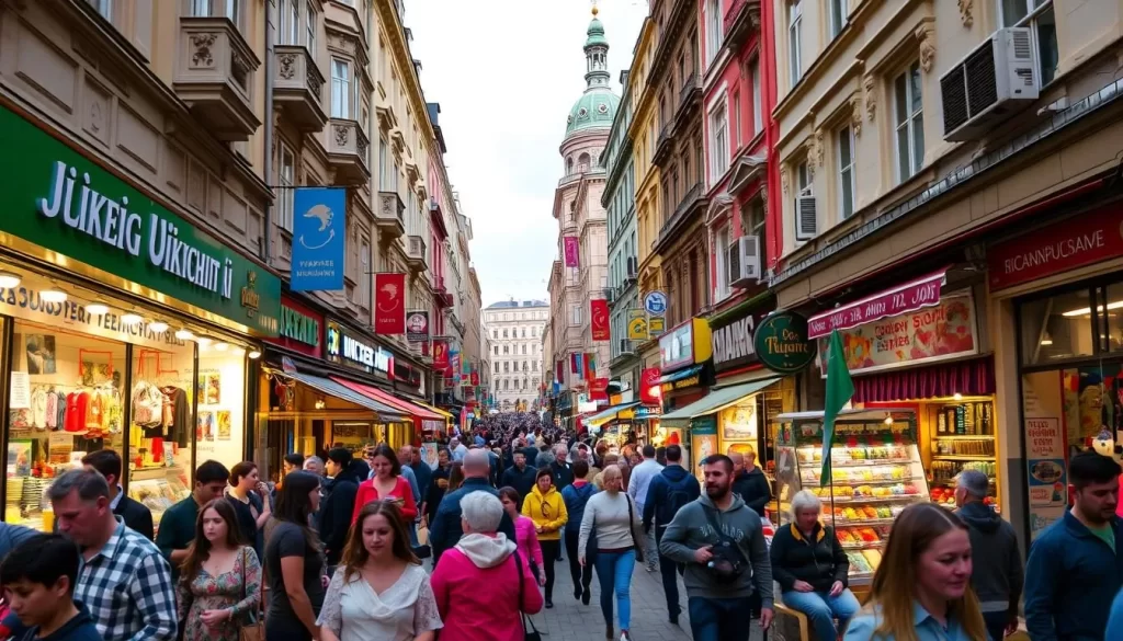 Image of a bustling shopping street in Kyiv, Ukraine