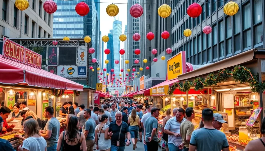 Image of a bustling street food festival in Chicago