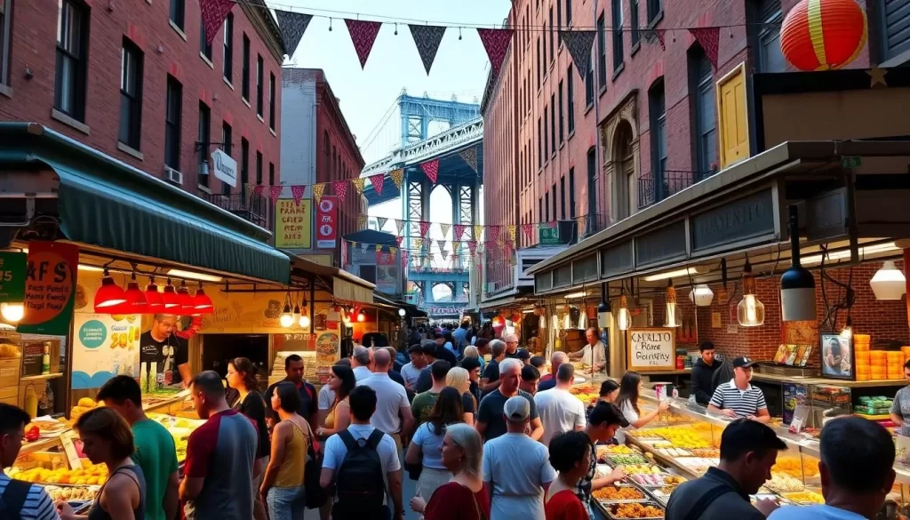 Image of a bustling street food market in Brooklyn with diverse vendors and a lively atmosphere.