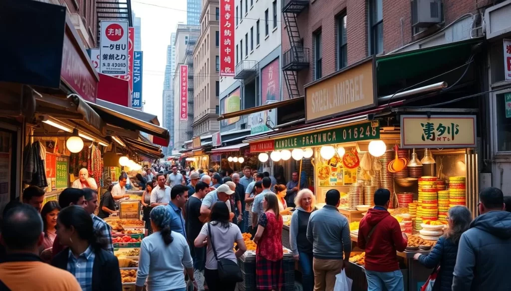 Image of a bustling street food market in New York City with Middle Eastern and Mediterranean vendors