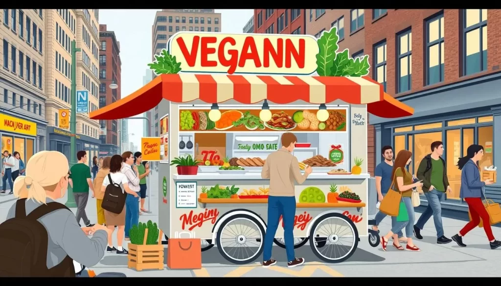 Image of a bustling vegan food cart in NYC
