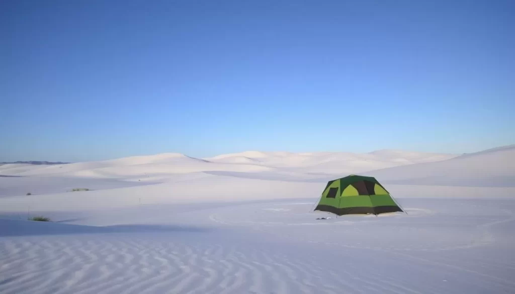 Image of a campsite among the white gypsum dunes of White Sands National Park