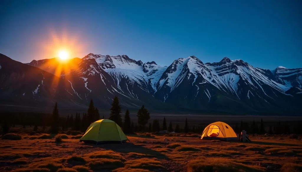 Image of a campsite in the Mackenzie Mountains under the midnight sun