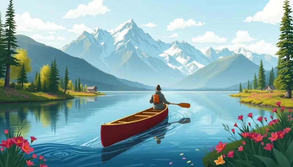 Image of a canoe navigating through the serene waters of the Keele River, surrounded by the majestic Mackenzie Mountains.