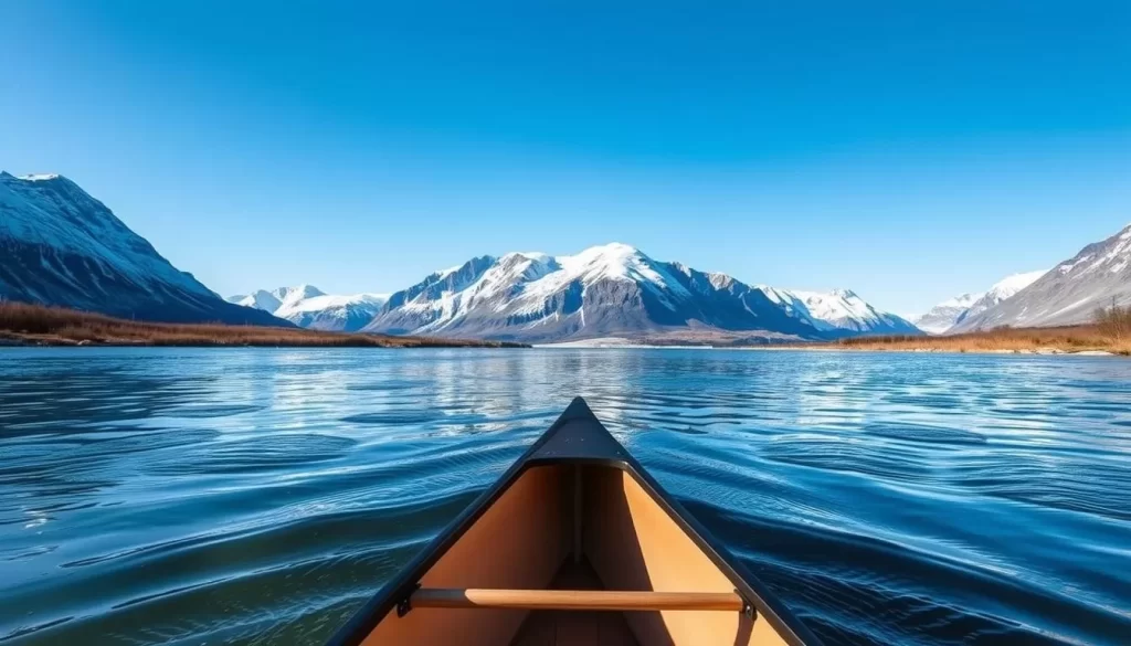 Image of a canoe navigating through the serene waters of the Thomsen River, surrounded by Arctic landscapes.
