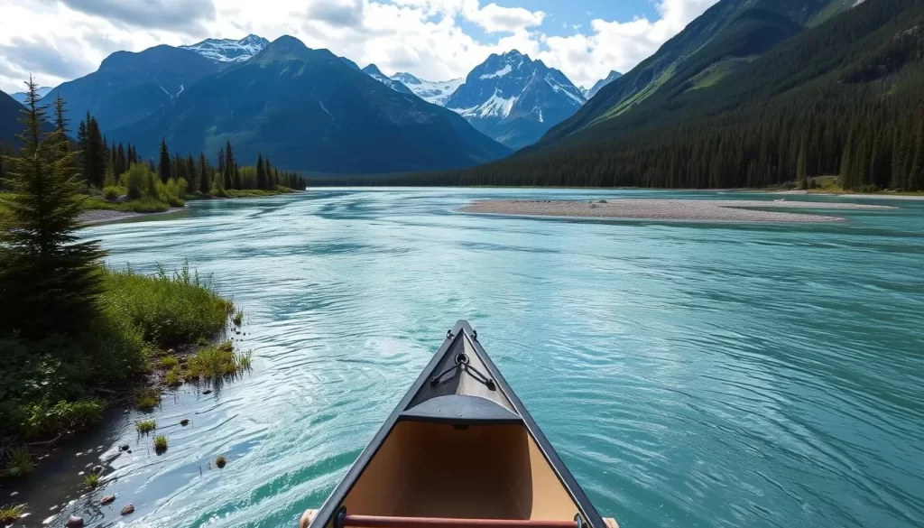 Image of a canoe or kayak on the Yukon River, with surrounding wilderness