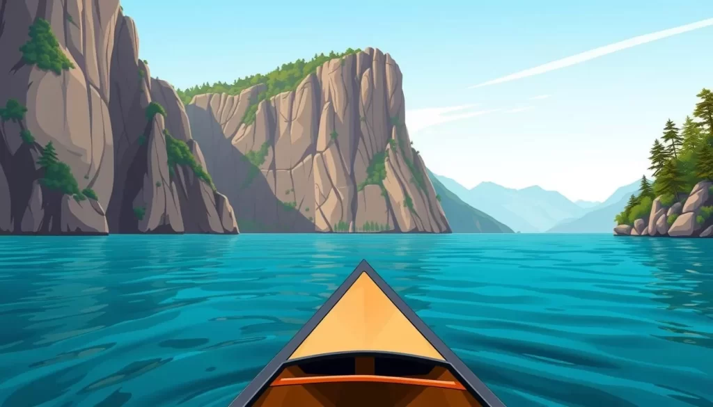 Image of a canoe paddling through calm waters with a stunning backdrop of cliffs and trees.