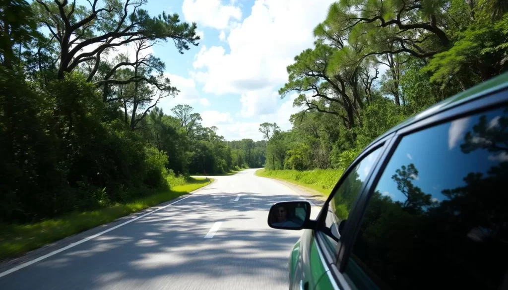 Image of a car driving from New Orleans to Honey Island Swamp