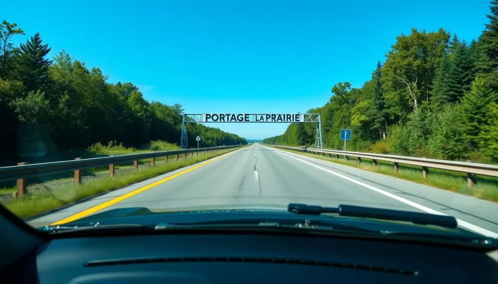 Image of a car driving on the highway towards Portage La Prairie