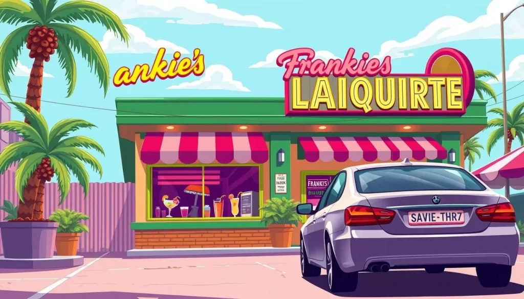 Image of a car driving up to a drive-thru daiquiri shop with a sign reading "Frankie's Daiquiris Lafayette"