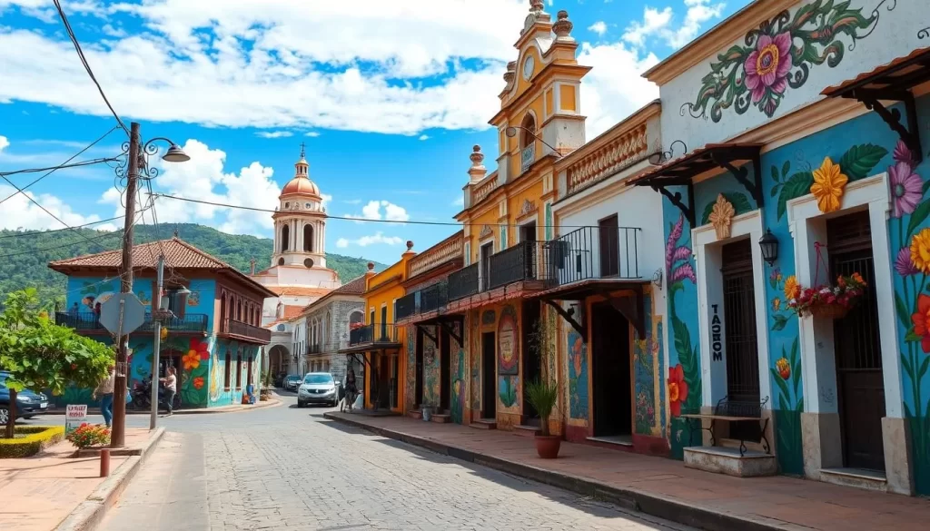 Image of a charming colonial town along Ruta de las Flores with vibrant street murals and historic architecture