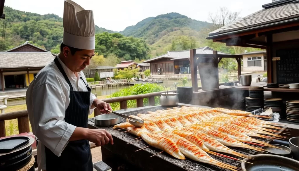 Image of a chef grilling unagi at   in Kawazu