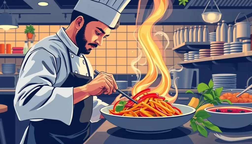 Image of a chef preparing a Thai dish in a London restaurant
