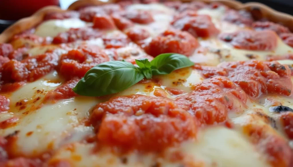 Image of a classic Chicago deep dish pizza with melted cheese and tangy tomato sauce on top.