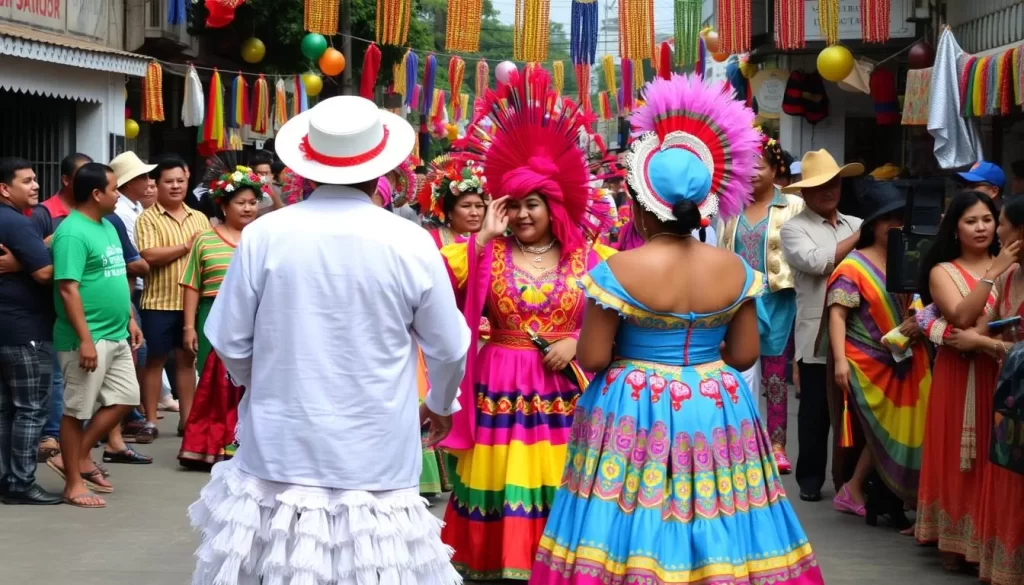 Image of a colorful Honduran festival with people in traditional costumes