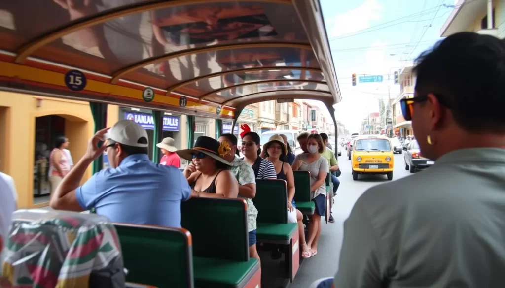 Image of a colorful "chicken bus" driving down a Guatemalan street, packed with locals and tourists alike.