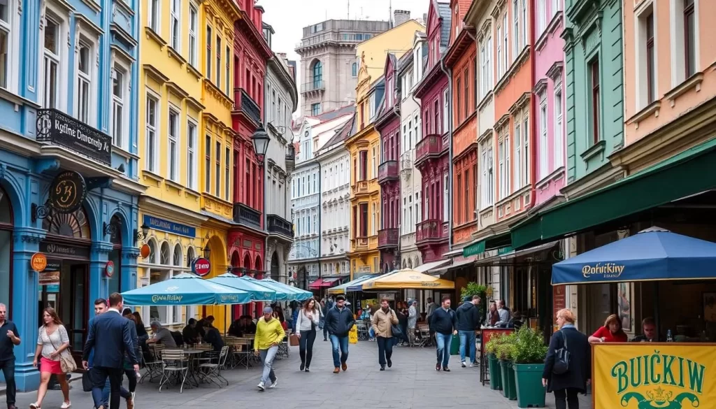 Image of a colorful street in Kyiv's historic Podil neighborhood