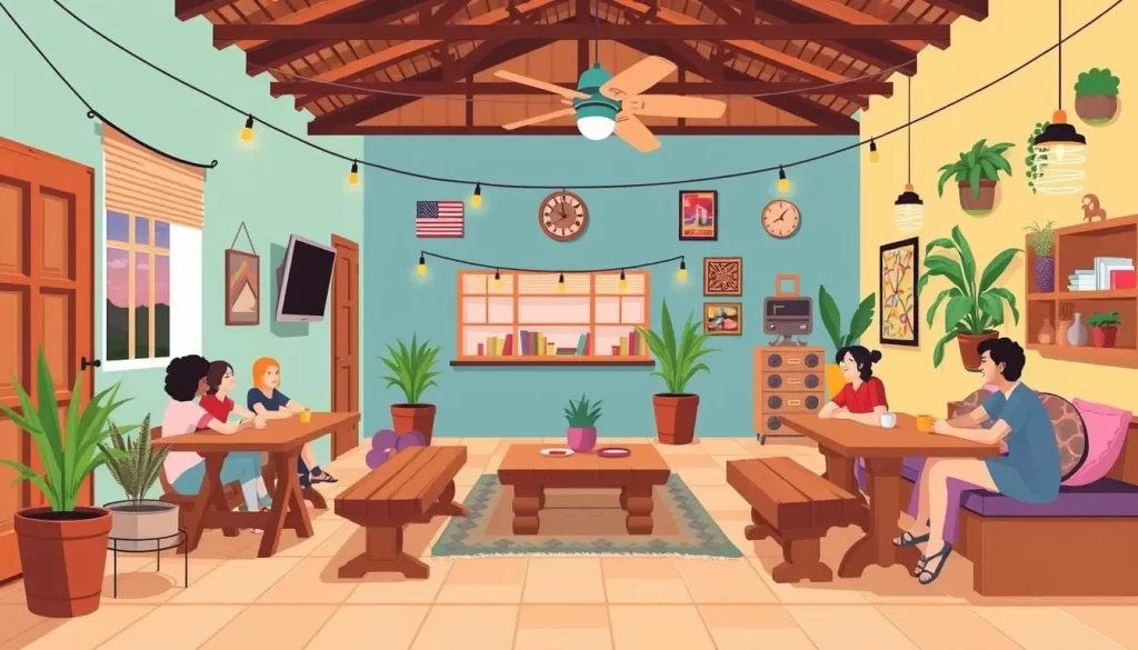 Image of a cozy hostel in El Tunco with a social area