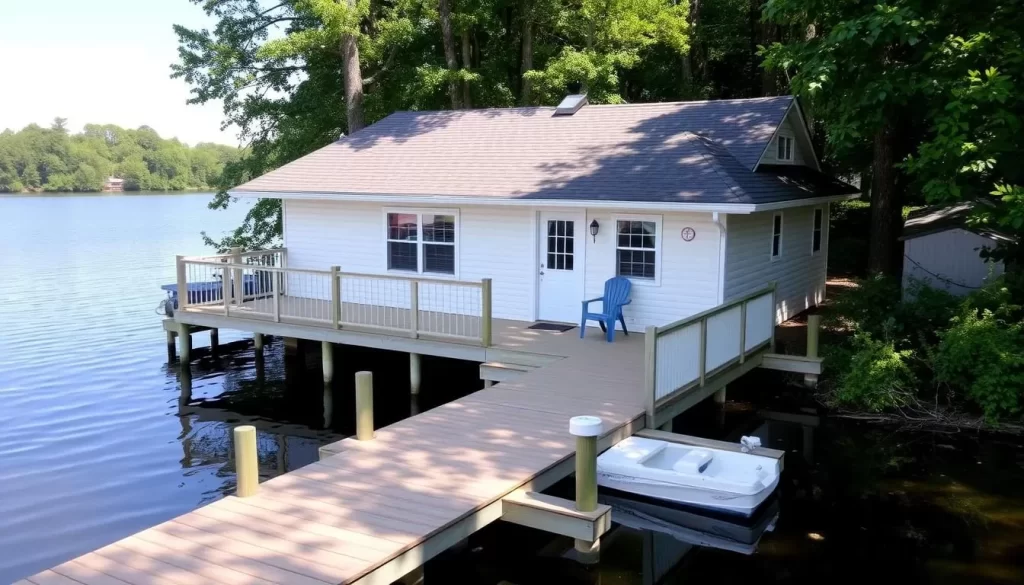 Image of a cozy lakeside cottage with a private dock