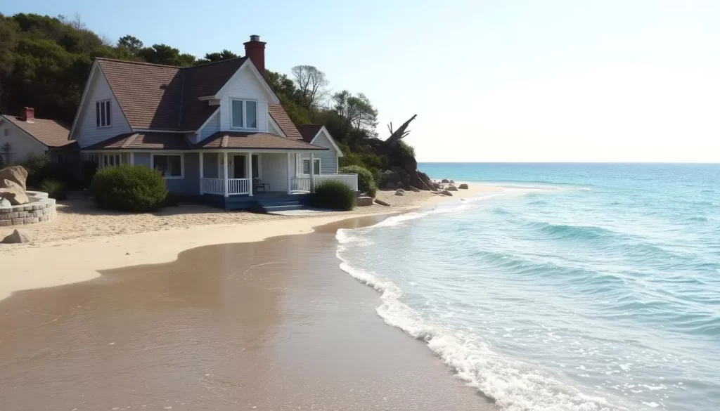 Image of a cozy oceanfront cottage with a sandy beach and clear blue waters.