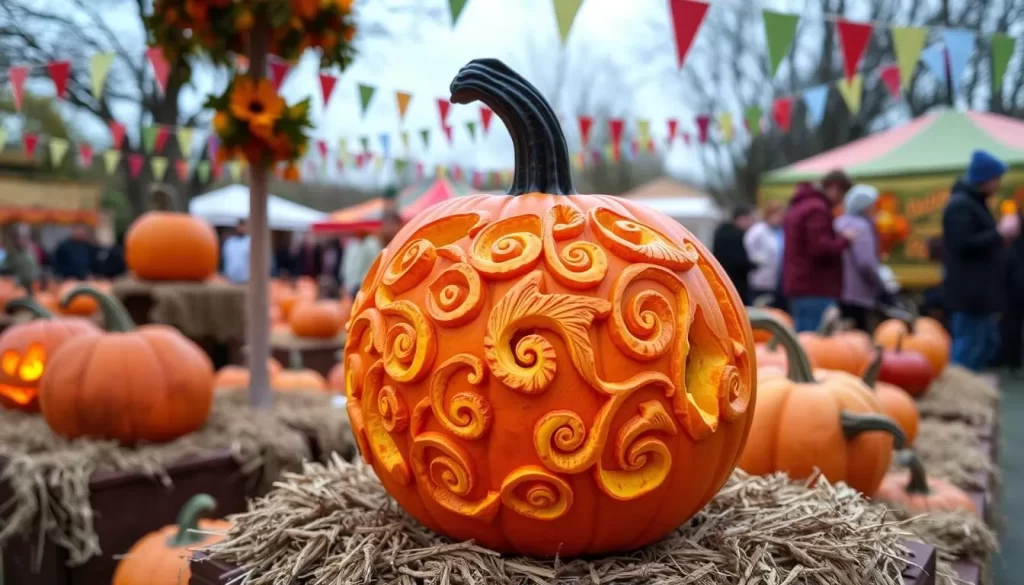 Image of a creatively carved pumpkin at the Bostaniada Pumpkin Festival in Lozova village.