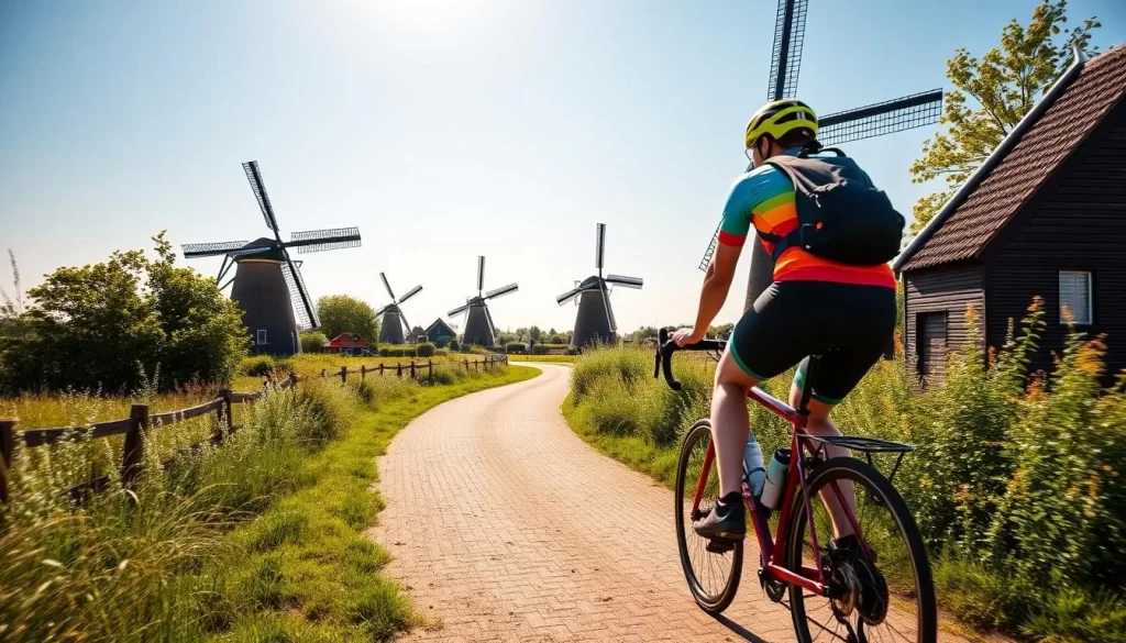Image of a cyclist in Kinderdijk countryside