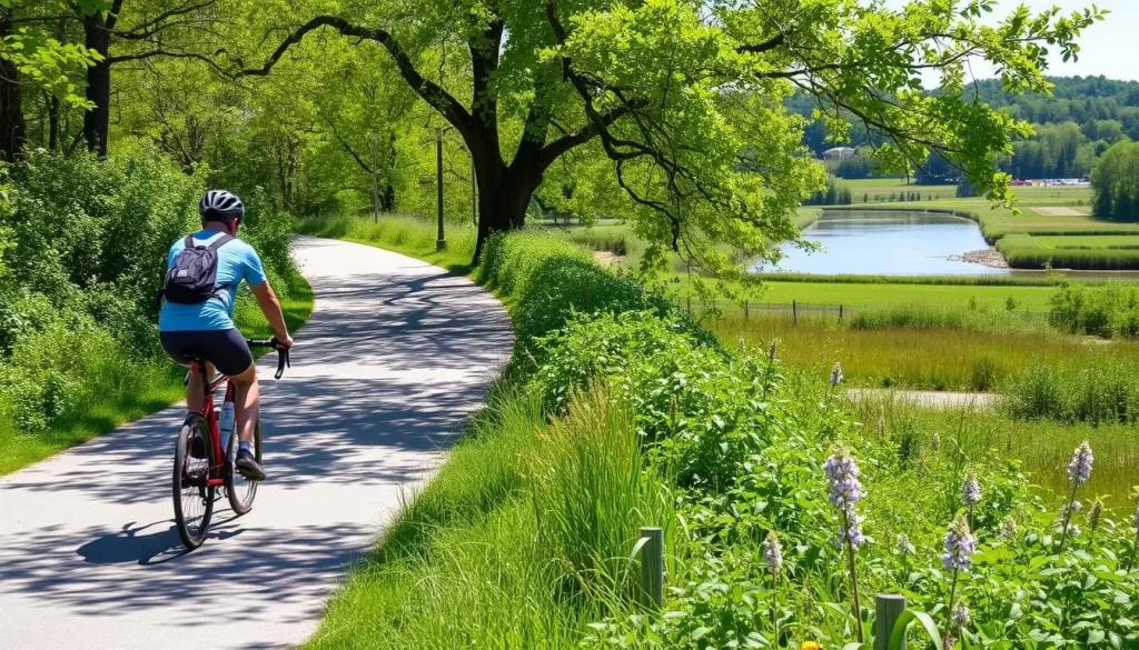 Image of a cyclist riding on a scenic trail in St. Michaels, Maryland