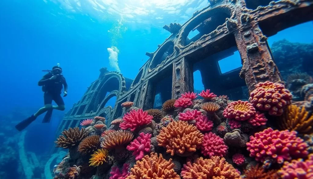 Image of a diver exploring a shipwreck or coral reef