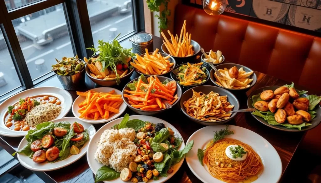 Image of a diverse vegan food spread in NYC