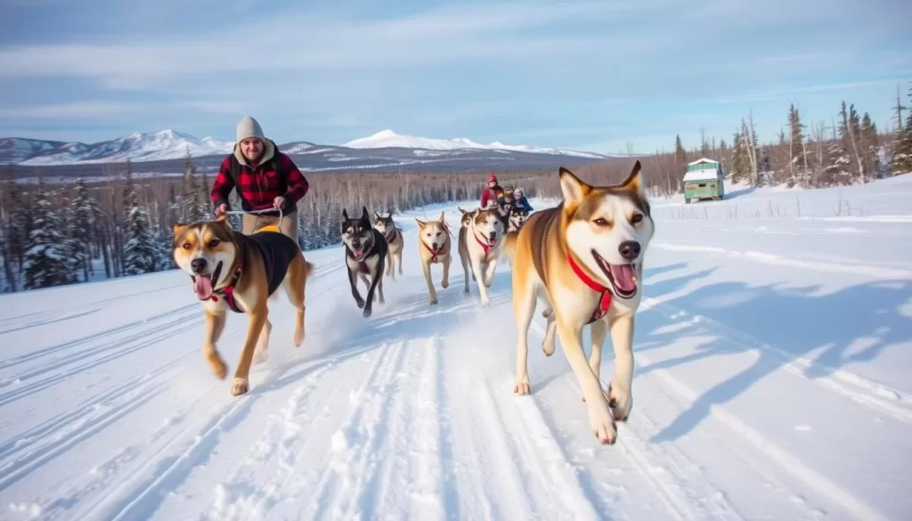 Image of a dog sled team racing across a snowy landscape with a musher guiding them.