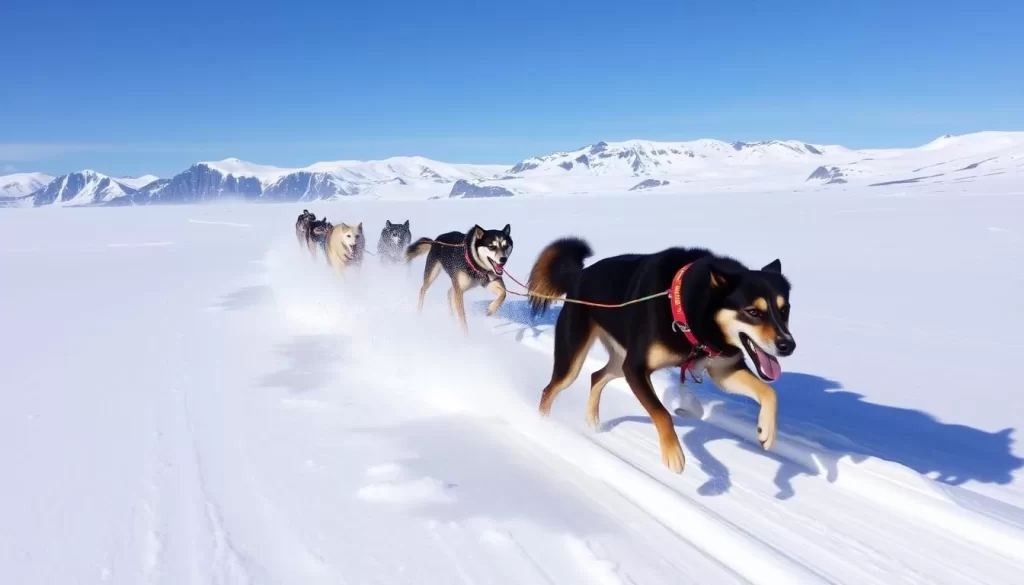 Image of a dogsled team racing across the snowy tundra with Igloolik's landscape in the background.