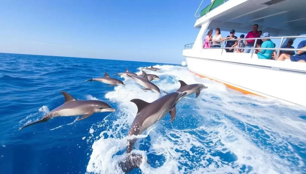 Image of a dolphin watching tour in the Amakusa waters with dolphins swimming alongside the boat