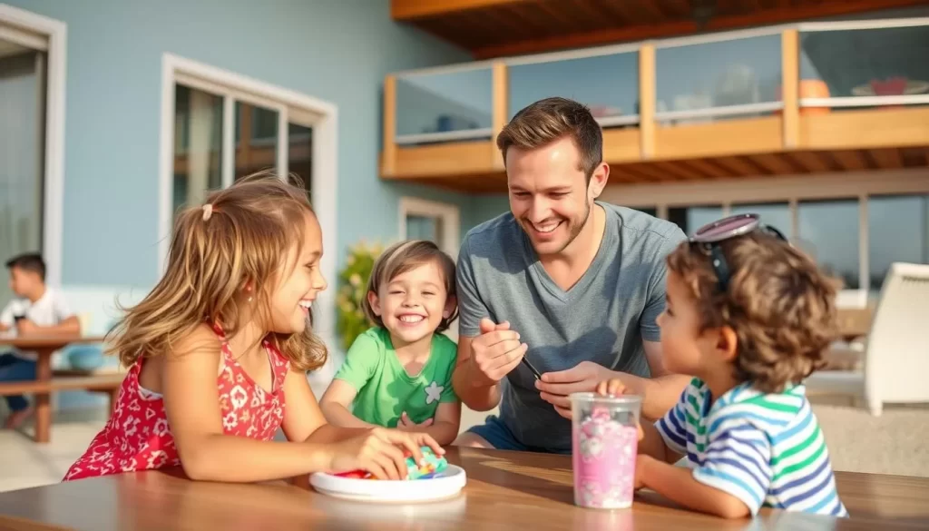Image of a family enjoying activities at a family-friendly accommodation in Red Sands Shore.
