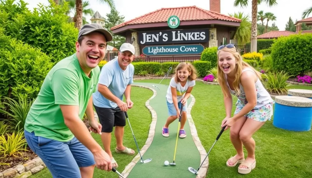 Image of a family enjoying mini golf at Jen's Links at Lighthouse Cove