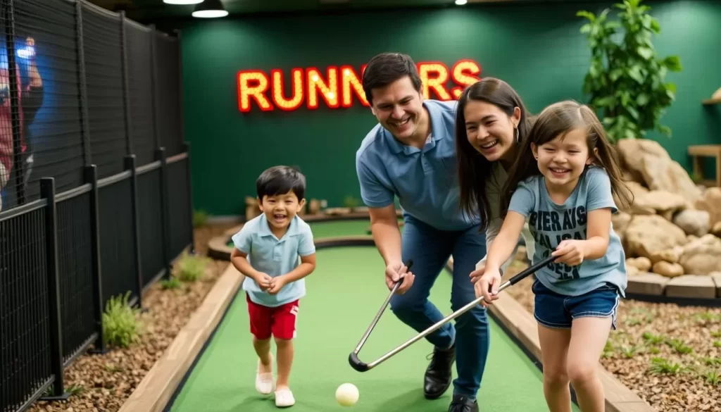 Image of a family playing at Runners Miniature Golf, with a mix of competitive and happy moments.