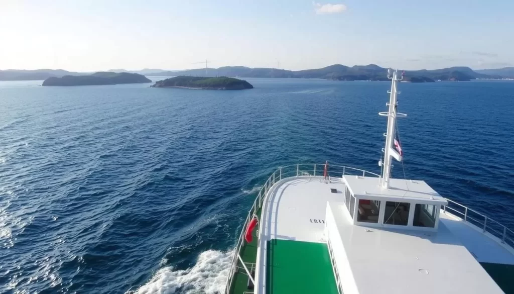 Image of a ferry approaching Tsushima Island