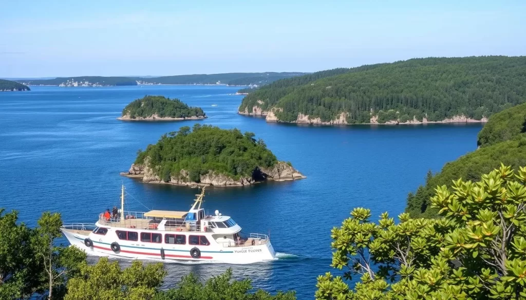Image of a ferry sailing through the Stockholm archipelago